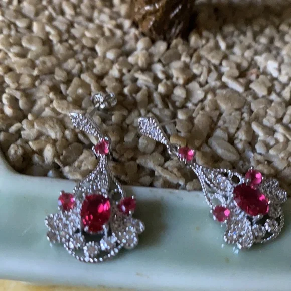 925 Silver Victorian Drop Earrings. SKU: EG12166SVJWS  Vintage 925 Mozambique garnet white sapphire earring main image 2